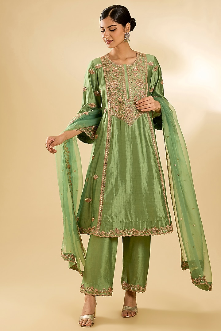 Powder Sage Green Spun Silk Sequin Work Kurta Set by SURBHI SHAH at Pernia's Pop Up Shop