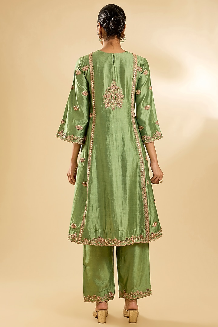 Powder Sage Green Spun Silk Sequin Work Kurta Set by SURBHI SHAH at Pernia's Pop Up Shop