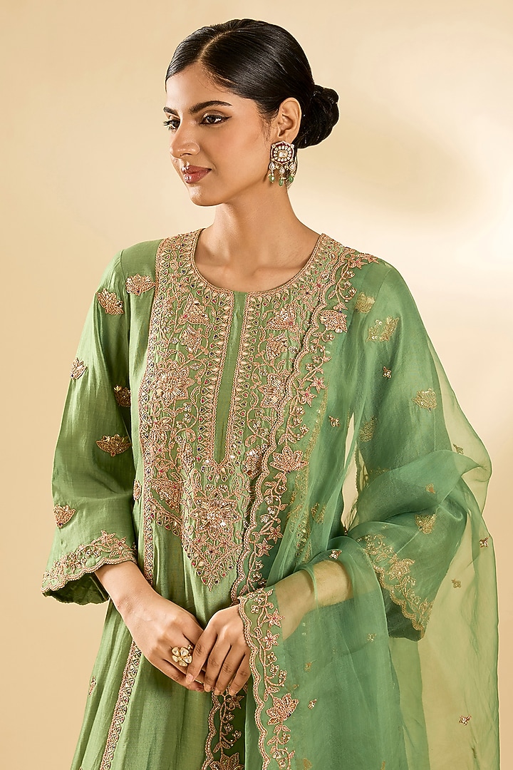 Powder Sage Green Spun Silk Sequin Work Kurta Set by SURBHI SHAH at Pernia's Pop Up Shop