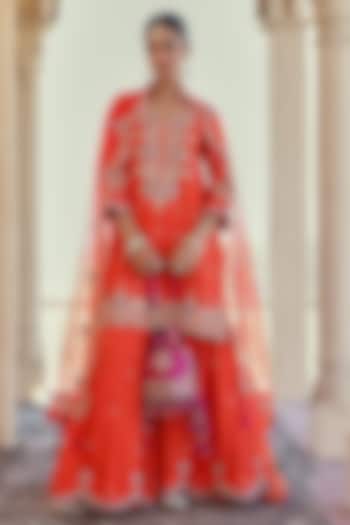Orange Spun Silk Zardosi Work Wedding Sharara Set by Surbhi Shah at Pernia's Pop Up Shop