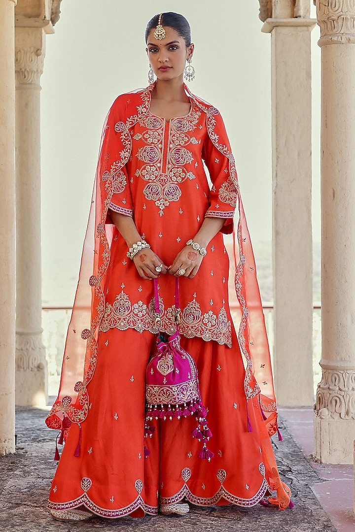 Orange Spun Silk Zardosi Work Wedding Sharara Set by Surbhi Shah at Pernia's Pop Up Shop