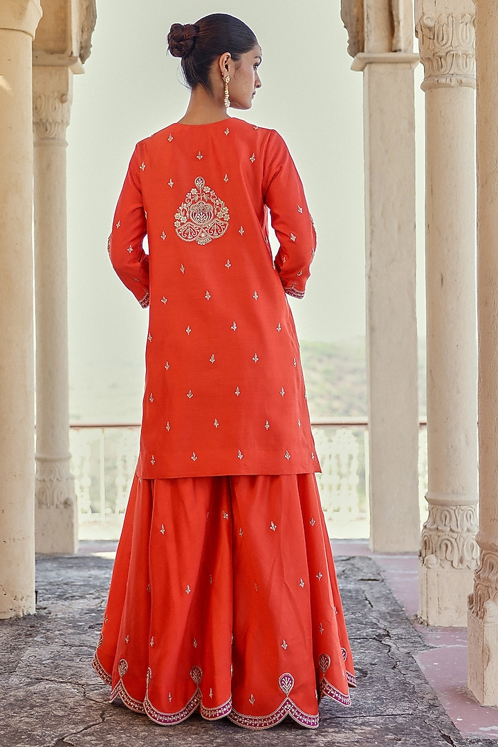 Orange Spun Silk Zardosi Work Wedding Sharara Set by Surbhi Shah at Pernia's Pop Up Shop