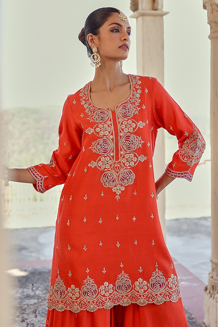 Orange Spun Silk Zardosi Work Wedding Sharara Set by Surbhi Shah at Pernia's Pop Up Shop