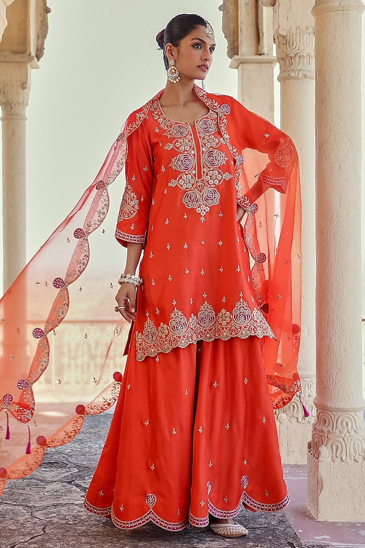 Orange Spun Silk Zardosi Work Wedding Sharara Set by Surbhi Shah at Pernia's Pop Up Shop