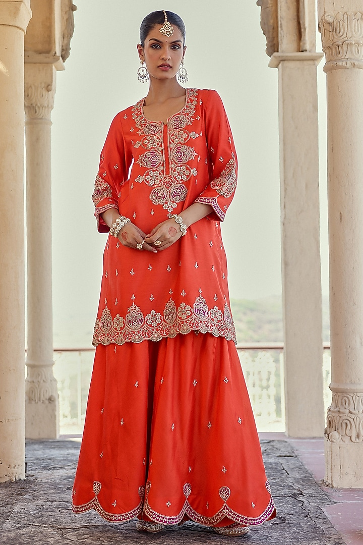 Orange Spun Silk Zardosi Work Wedding Sharara Set by Surbhi Shah at Pernia's Pop Up Shop