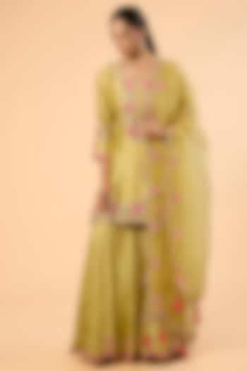 Powder Yellow Spun Silk Zardosi Embroidered Wedding Sharara Set by SURBHI SHAH at Pernia's Pop Up Shop