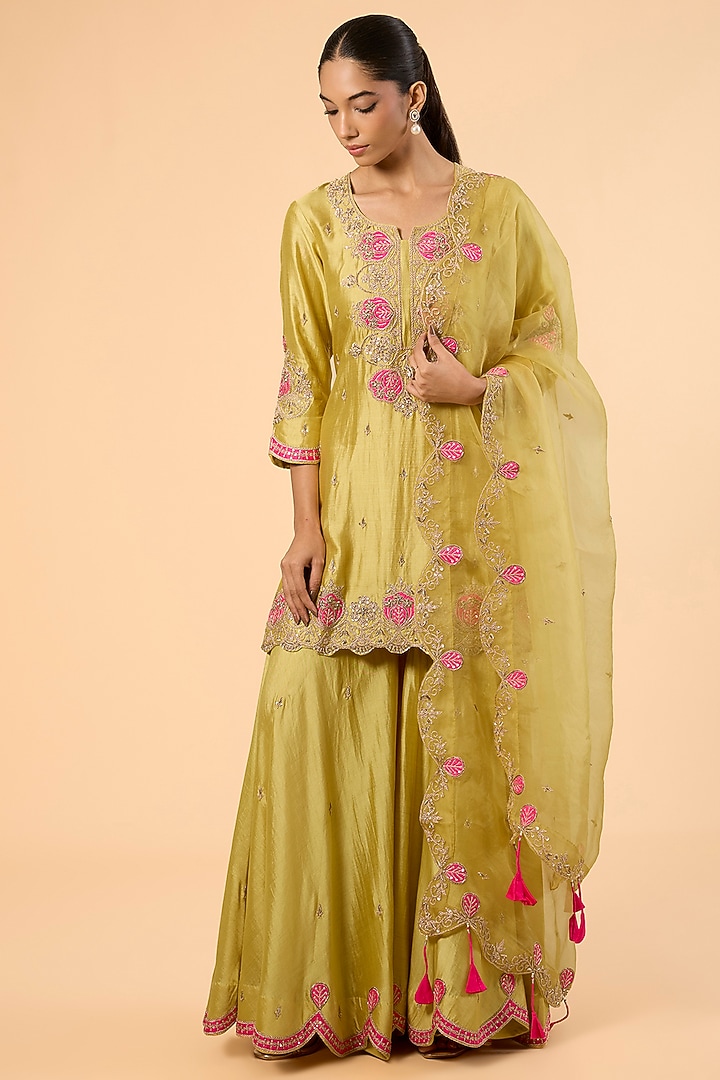 Powder Yellow Spun Silk Zardosi Embroidered Wedding Sharara Set by SURBHI SHAH at Pernia's Pop Up Shop