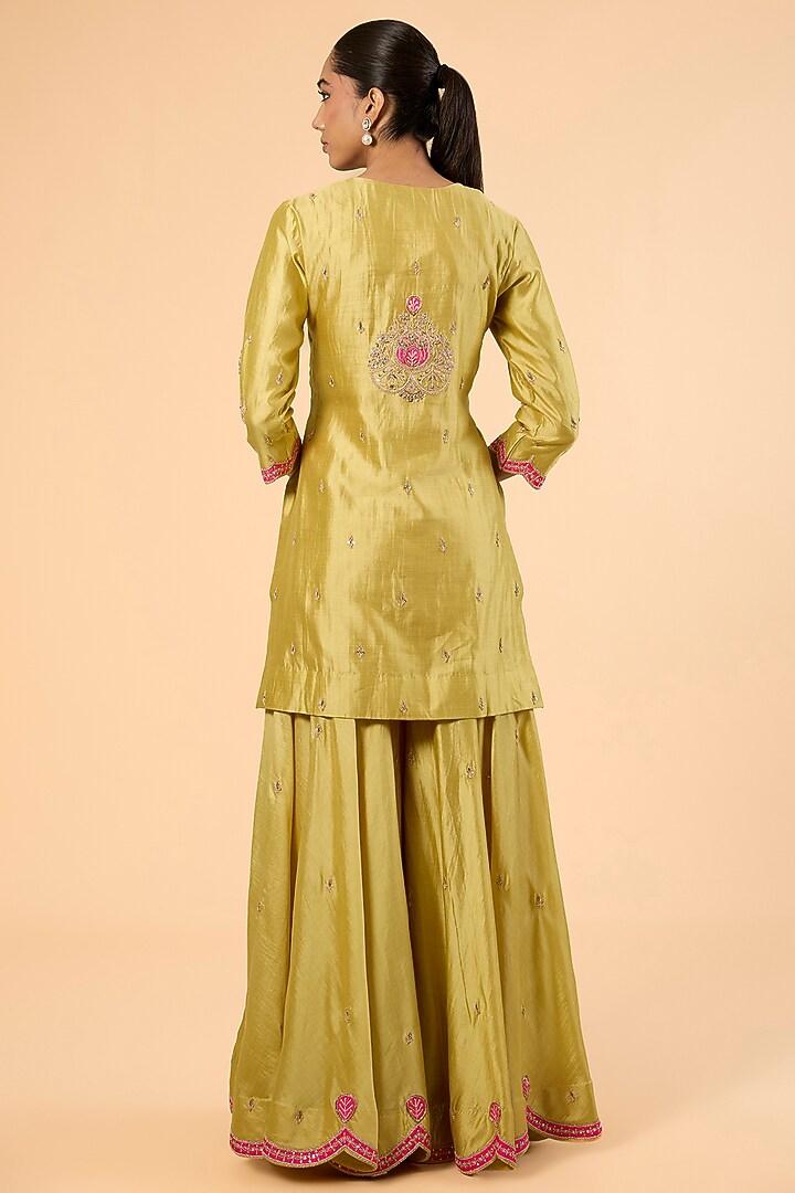 Powder Yellow Spun Silk Zardosi Embroidered Wedding Sharara Set by SURBHI SHAH at Pernia's Pop Up Shop