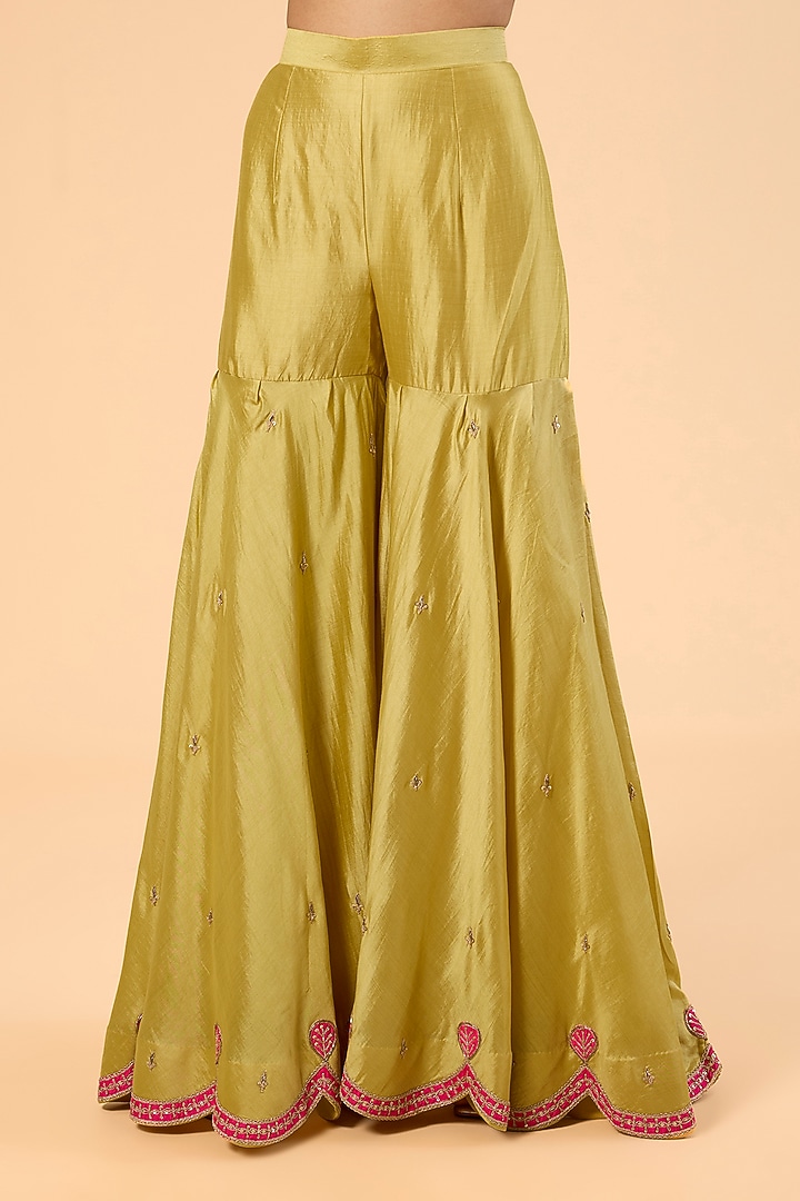 Powder Yellow Spun Silk Zardosi Embroidered Wedding Sharara Set by SURBHI SHAH at Pernia's Pop Up Shop