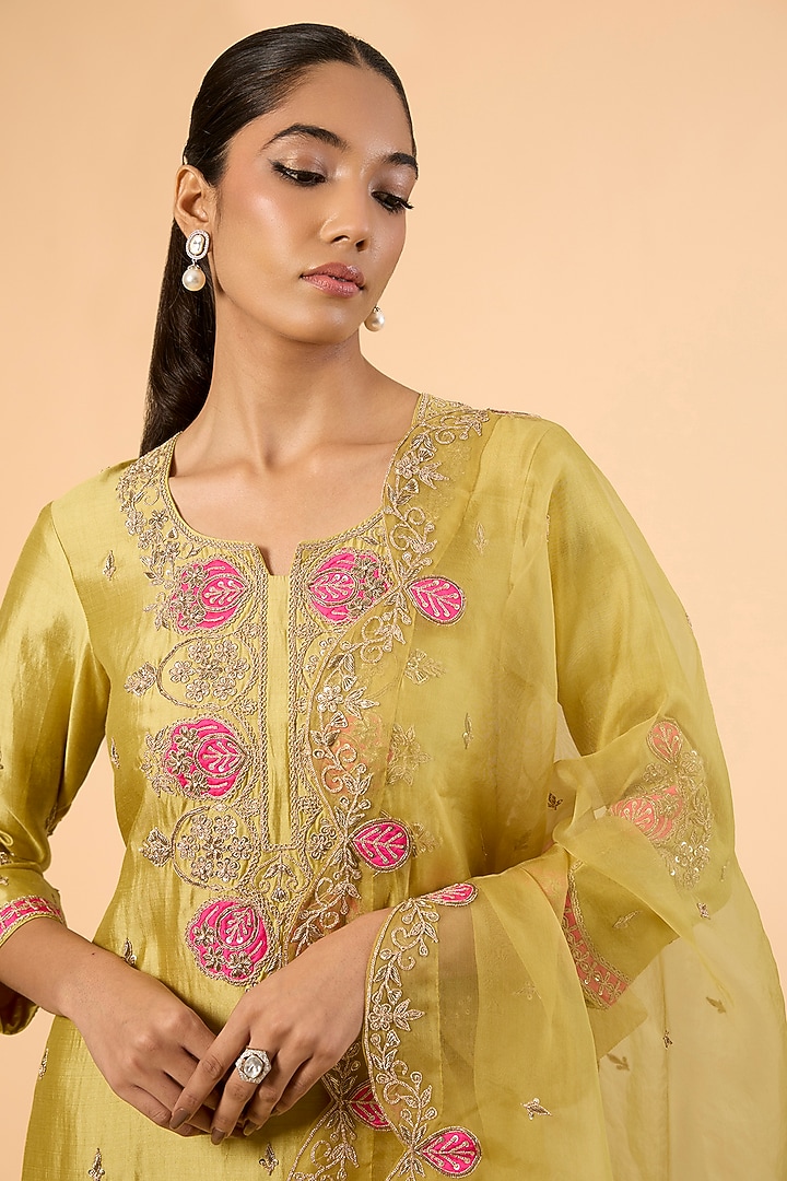 Powder Yellow Spun Silk Zardosi Embroidered Wedding Sharara Set by SURBHI SHAH at Pernia's Pop Up Shop