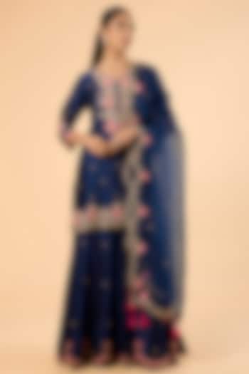 Navy Blue Spun Silk Zardosi Embroidered Wedding Sharara Set by SURBHI SHAH at Pernia's Pop Up Shop