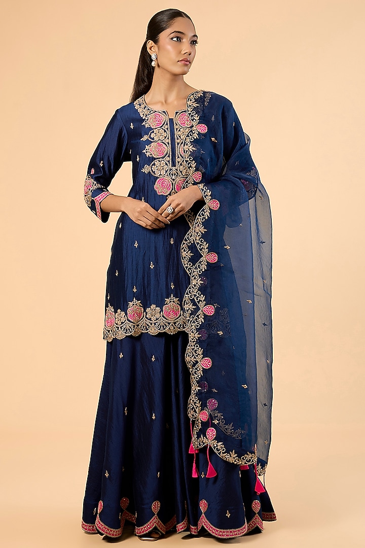 Navy Blue Spun Silk Zardosi Embroidered Wedding Sharara Set by SURBHI SHAH at Pernia's Pop Up Shop