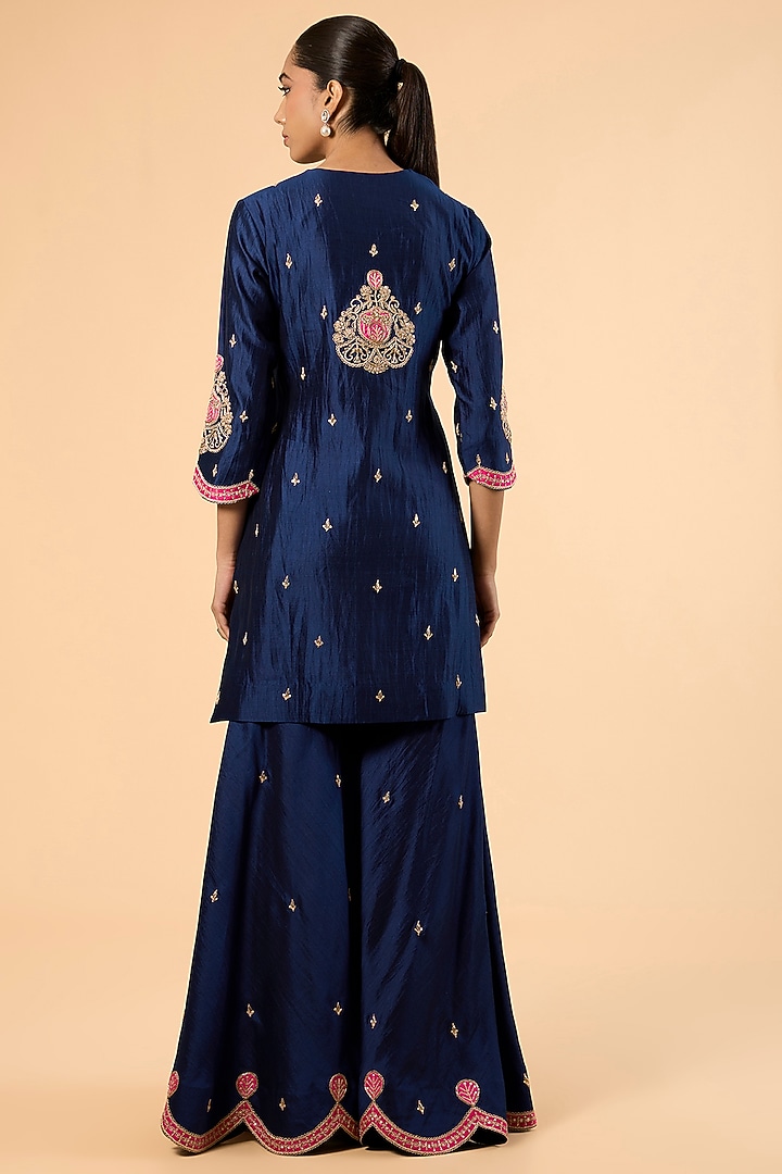 Navy Blue Spun Silk Zardosi Embroidered Wedding Sharara Set by SURBHI SHAH at Pernia's Pop Up Shop