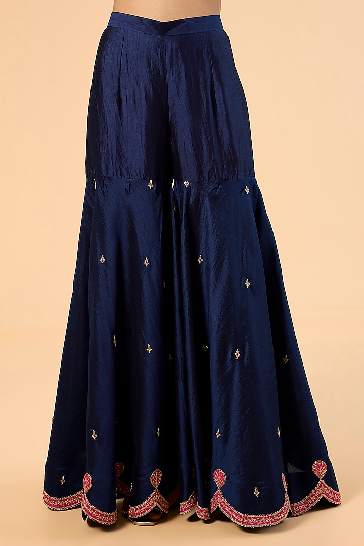 Navy Blue Spun Silk Zardosi Embroidered Wedding Sharara Set by SURBHI SHAH at Pernia's Pop Up Shop
