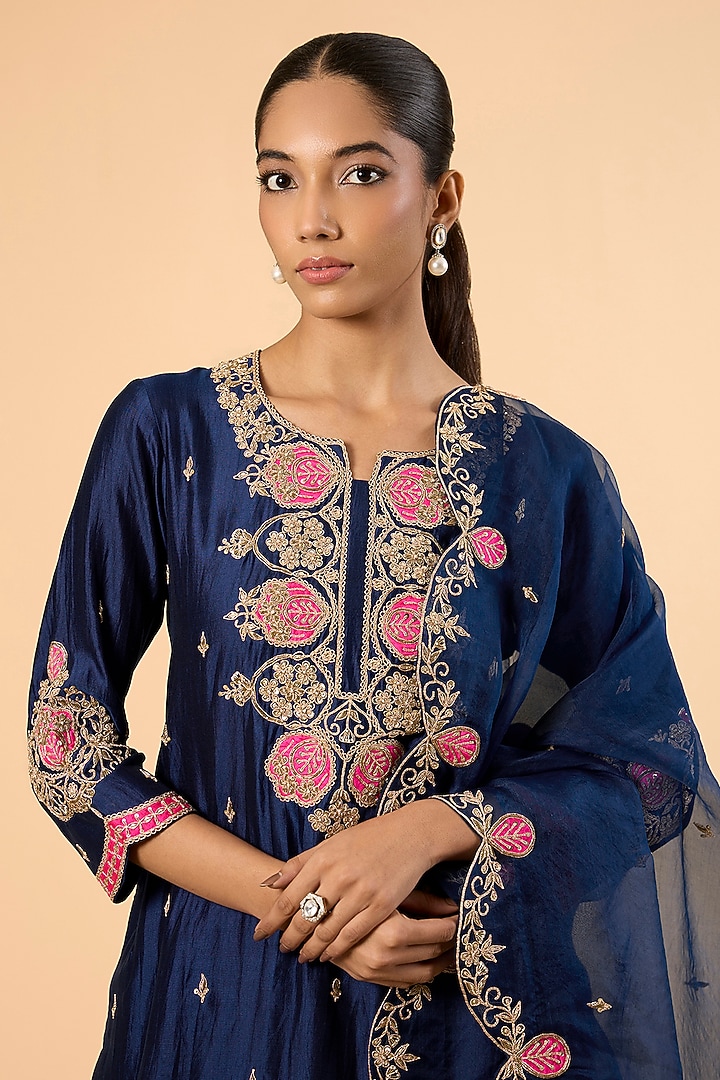 Navy Blue Spun Silk Zardosi Embroidered Wedding Sharara Set by SURBHI SHAH at Pernia's Pop Up Shop