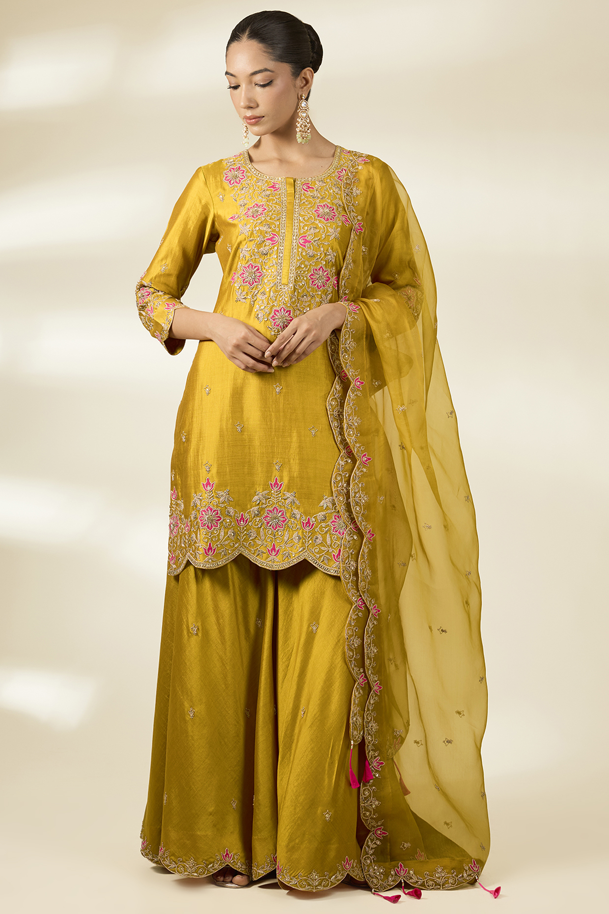 Mustard Spun Silk Wedding Sharara Set by Surbhi Shah at Pernia's Pop Up Shop