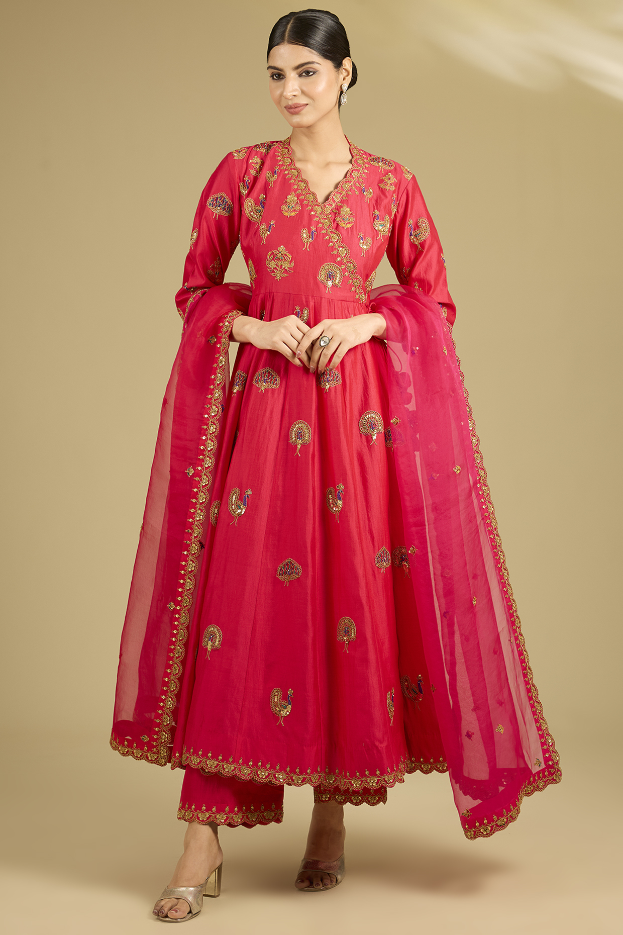 Red Spun Silk Resham Work Angrakha Wedding Anarkali Set by SURBHI SHAH at Pernia's Pop Up Shop