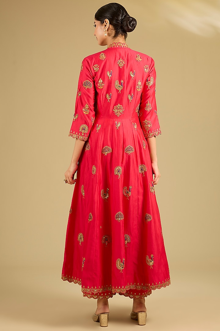 Red Spun Silk Resham Work Angrakha Wedding Anarkali Set by SURBHI SHAH at Pernia's Pop Up Shop