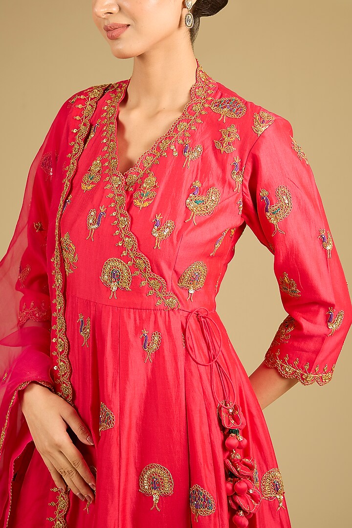 Red Spun Silk Resham Work Angrakha Wedding Anarkali Set by SURBHI SHAH at Pernia's Pop Up Shop
