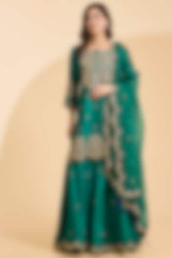 Emerald Green Spun Silk Zardosi Work Wedding Sharara Set by Surbhi Shah at Pernia's Pop Up Shop