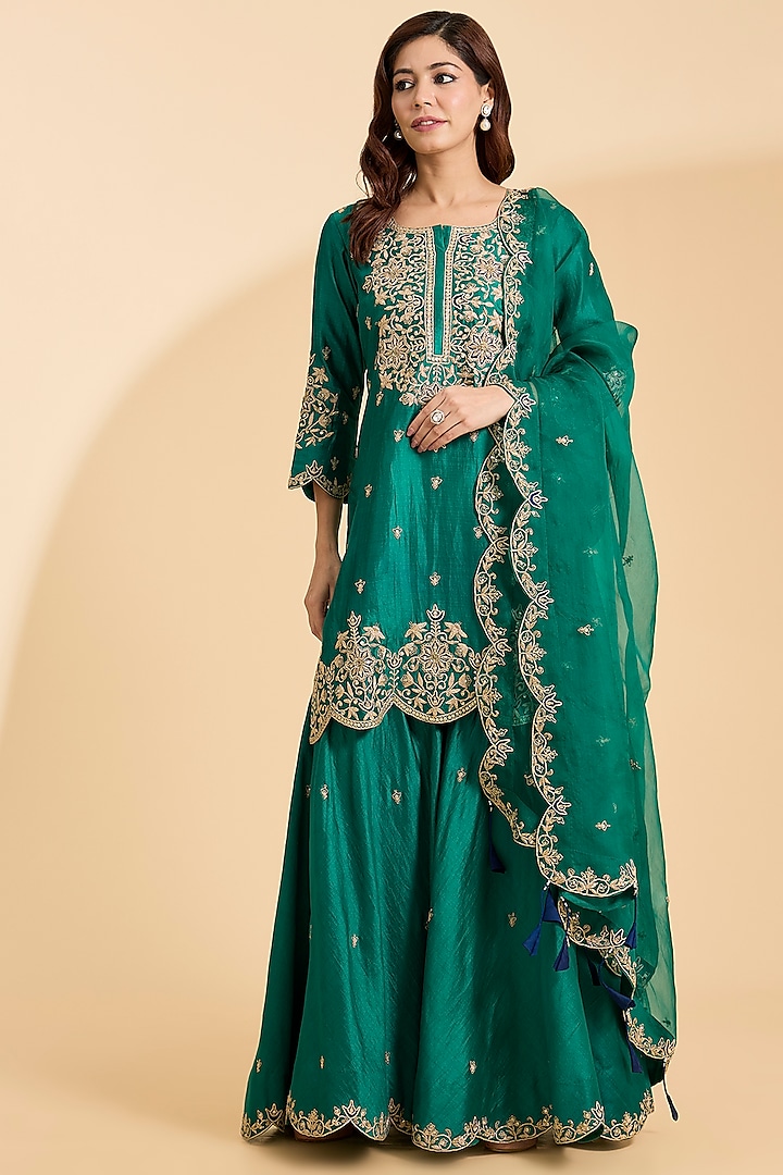 Emerald Green Spun Silk Zardosi Work Wedding Sharara Set by Surbhi Shah at Pernia's Pop Up Shop