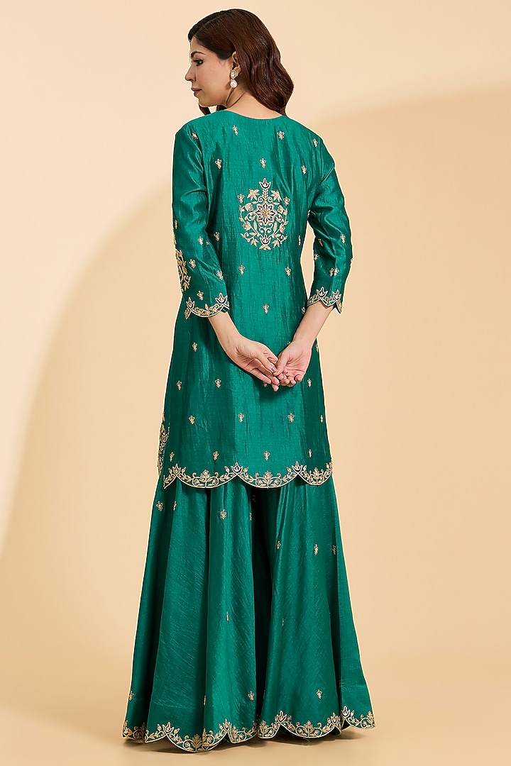 Emerald Green Spun Silk Zardosi Work Wedding Sharara Set by Surbhi Shah at Pernia's Pop Up Shop