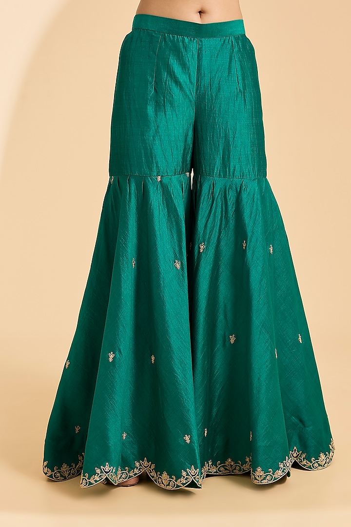 Emerald Green Spun Silk Zardosi Work Wedding Sharara Set by Surbhi Shah at Pernia's Pop Up Shop