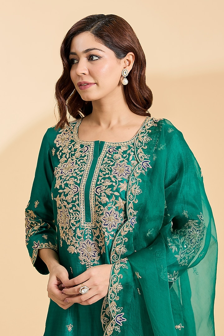 Emerald Green Spun Silk Zardosi Work Wedding Sharara Set by Surbhi Shah at Pernia's Pop Up Shop
