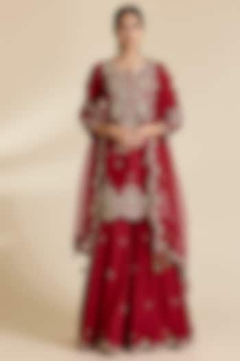 Maroon Spun Silk Marori Work Wedding Sharara Set by SURBHI SHAH at Pernia's Pop Up Shop
