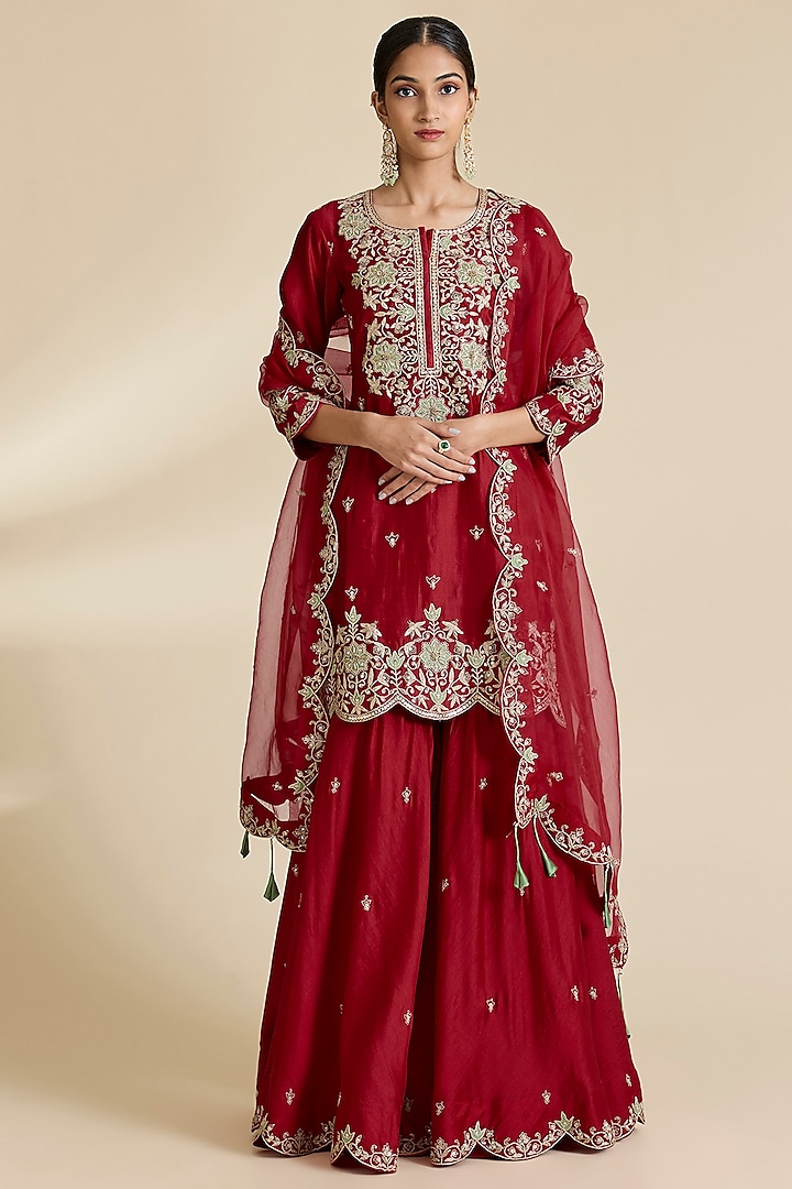 Maroon Spun Silk Marori Work Wedding Sharara Set by SURBHI SHAH at Pernia's Pop Up Shop
