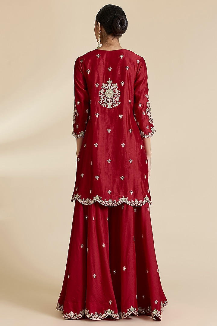 Maroon Spun Silk Marori Work Wedding Sharara Set by SURBHI SHAH at Pernia's Pop Up Shop