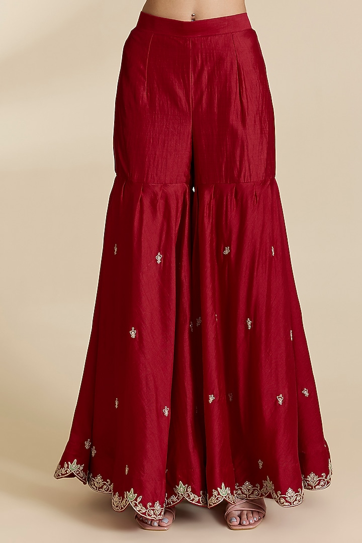 Maroon Spun Silk Marori Work Wedding Sharara Set by SURBHI SHAH at Pernia's Pop Up Shop