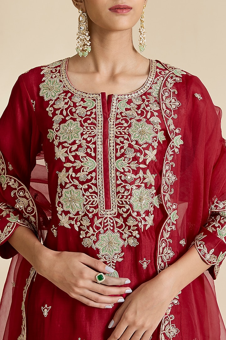 Maroon Spun Silk Marori Work Wedding Sharara Set by SURBHI SHAH at Pernia's Pop Up Shop