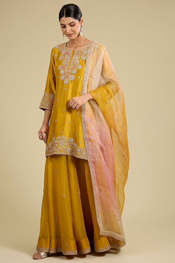 Mustard Spun Silk Wedding Sharara Set by SURBHI SHAH at Pernia's Pop Up Shop