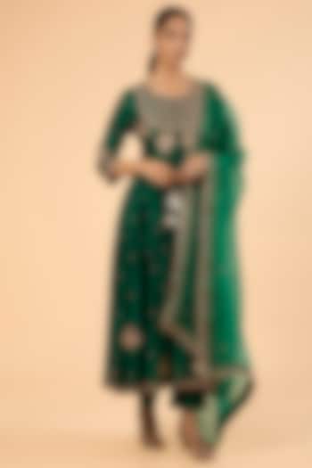 Emerald Green Spun Silk Marori & Sequin Embroidered Wedding Anarkali Set by SURBHI SHAH at Pernia's Pop Up Shop