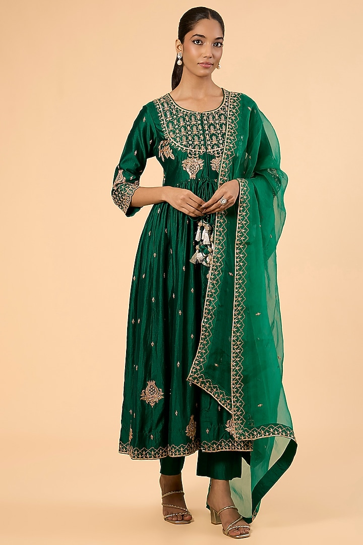 Emerald Green Spun Silk Marori & Sequin Embroidered Wedding Anarkali Set by SURBHI SHAH at Pernia's Pop Up Shop