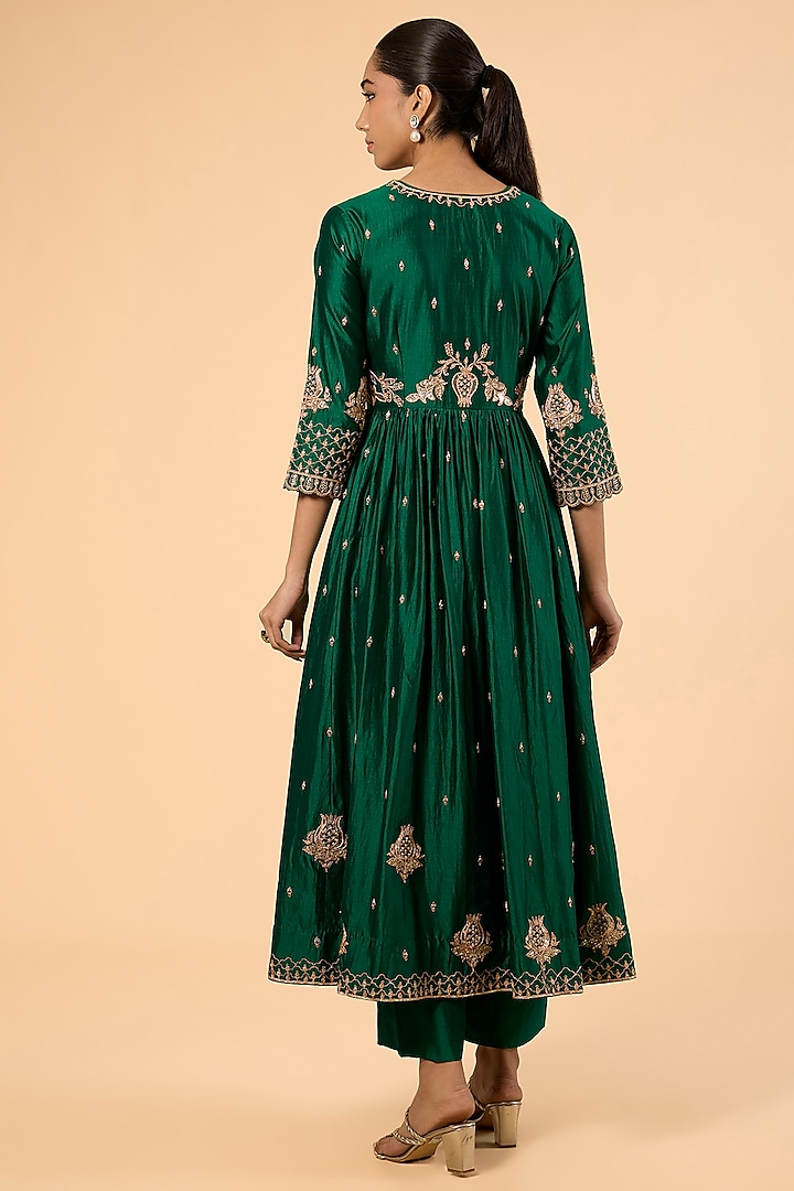 Emerald Green Spun Silk Marori & Sequin Embroidered Wedding Anarkali Set by SURBHI SHAH at Pernia's Pop Up Shop
