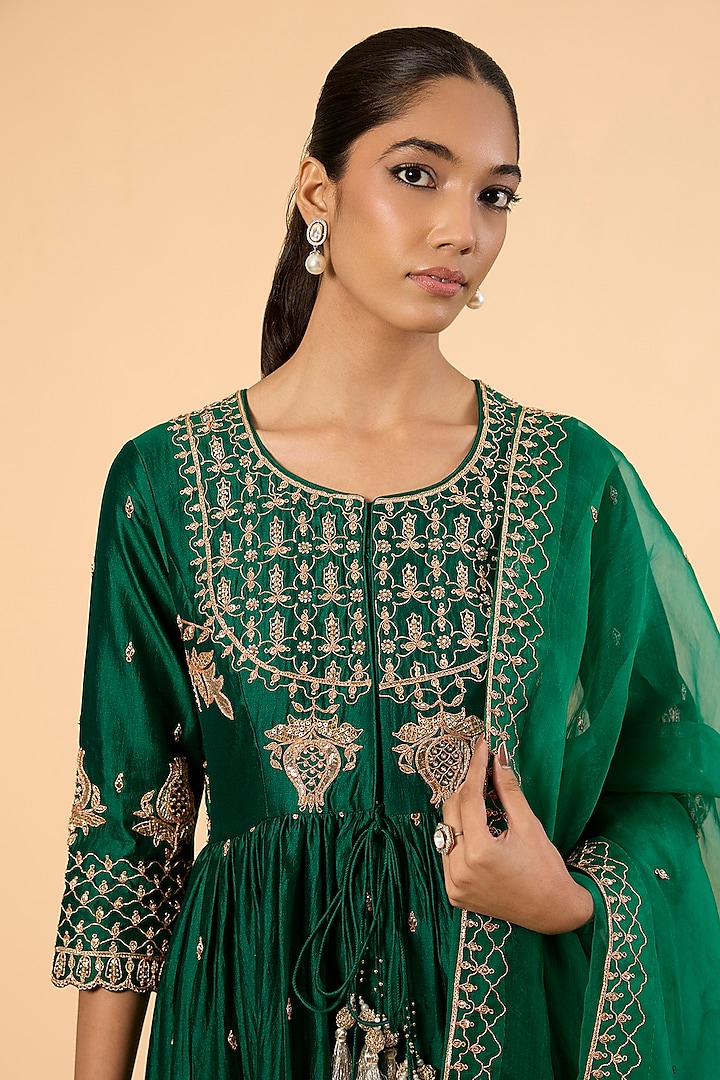 Emerald Green Spun Silk Marori & Sequin Embroidered Wedding Anarkali Set by SURBHI SHAH at Pernia's Pop Up Shop