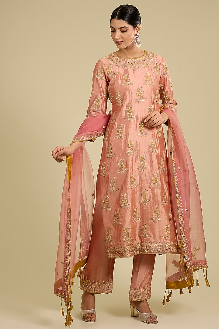 Old Rose Spun Silk Marori & Sequins Work Kurta Set by SURBHI SHAH at Pernia's Pop Up Shop