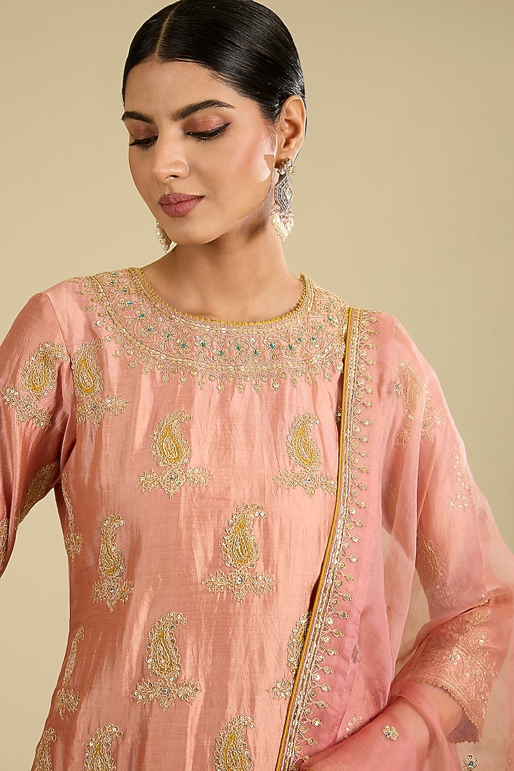 Old Rose Spun Silk Marori & Sequins Work Kurta Set by SURBHI SHAH at Pernia's Pop Up Shop