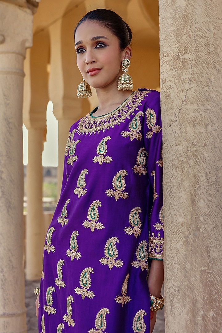 Purple Spun Silk Marori Work Kurta Set by Surbhi Shah at Pernia's Pop Up Shop