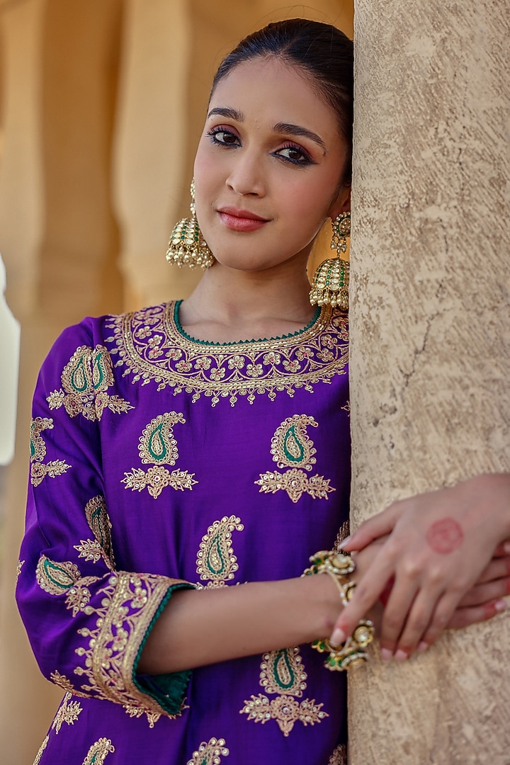 Purple Spun Silk Marori Work Kurta Set by Surbhi Shah at Pernia's Pop Up Shop