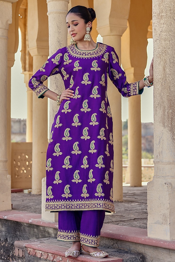 Purple Spun Silk Marori Work Kurta Set by Surbhi Shah at Pernia's Pop Up Shop