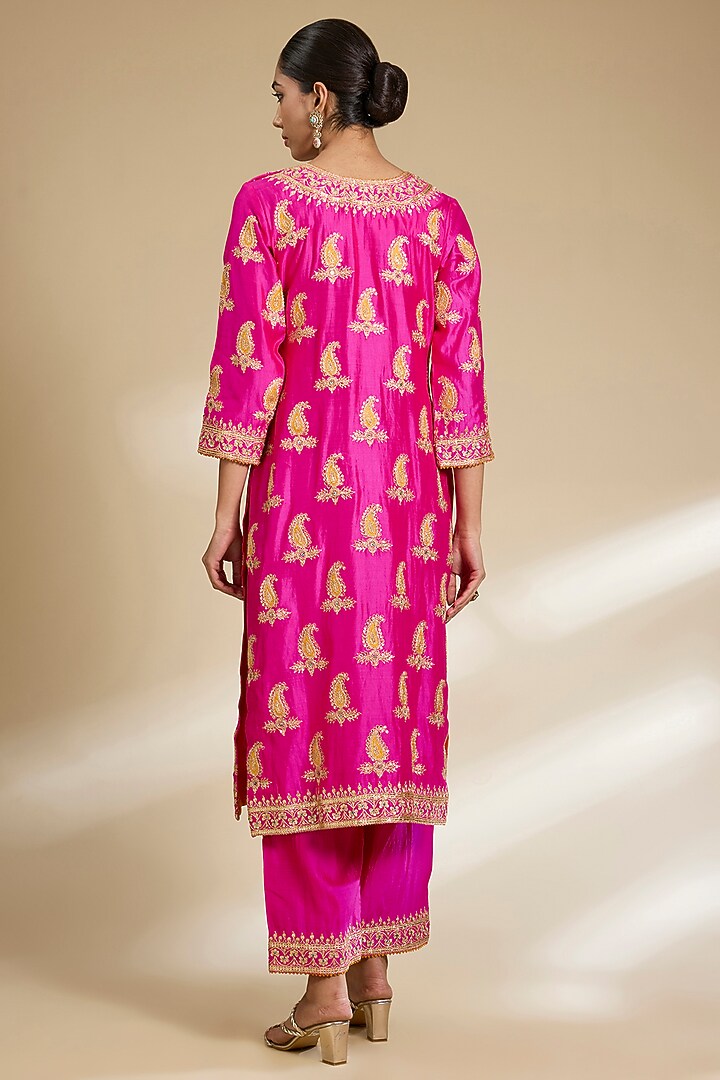Rani Pink Spun Silk Marodi Embroidered Kurta Set by SURBHI SHAH at Pernia's Pop Up Shop