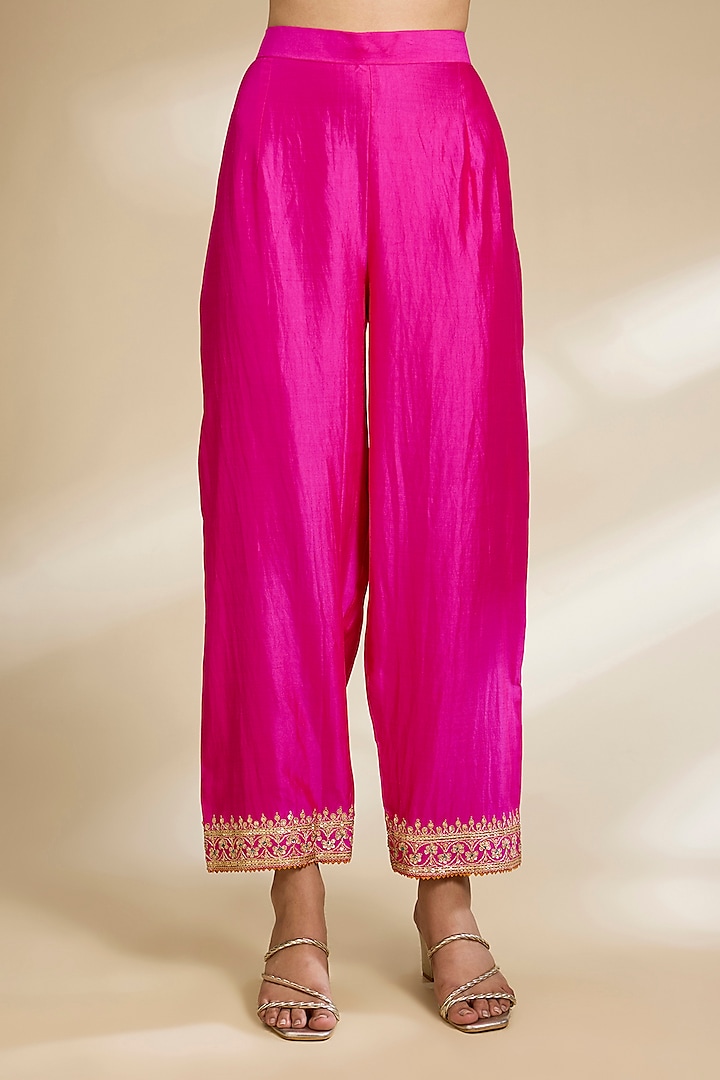 Rani Pink Spun Silk Marodi Embroidered Kurta Set by SURBHI SHAH at Pernia's Pop Up Shop