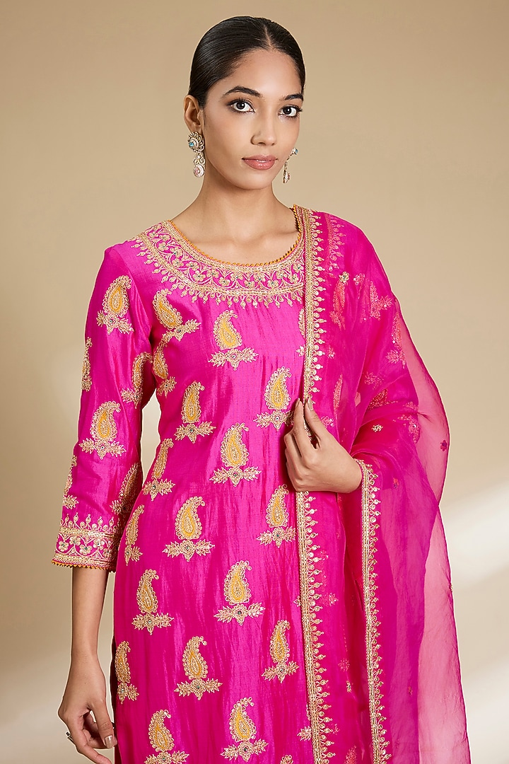 Rani Pink Spun Silk Marodi Embroidered Kurta Set by SURBHI SHAH at Pernia's Pop Up Shop