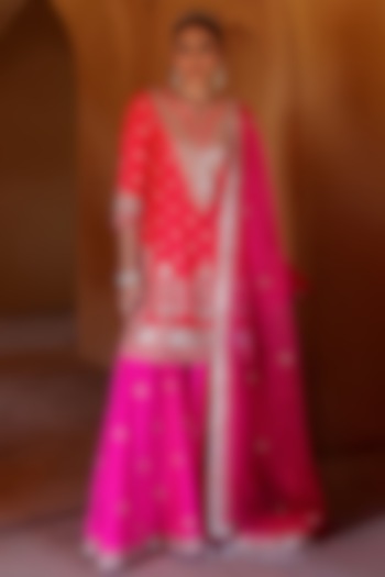 Hot Pink Spun Silk Gota Work Wedding Sharara Set by Surbhi Shah at Pernia's Pop Up Shop