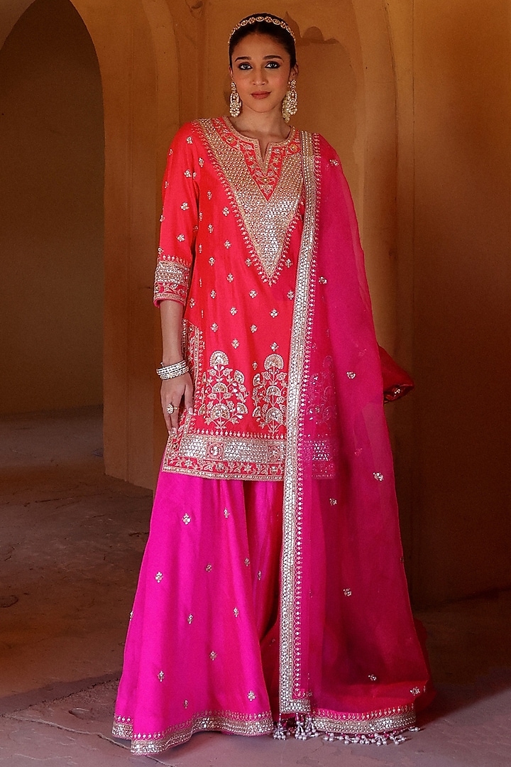 Hot Pink Spun Silk Gota Work Wedding Sharara Set by Surbhi Shah at Pernia's Pop Up Shop