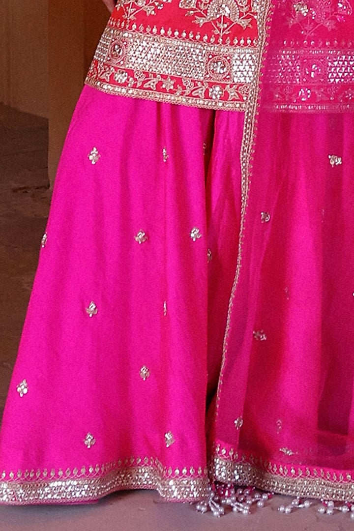 Hot Pink Spun Silk Gota Work Wedding Sharara Set by Surbhi Shah at Pernia's Pop Up Shop