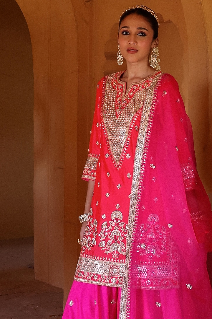 Hot Pink Spun Silk Gota Work Wedding Sharara Set by Surbhi Shah at Pernia's Pop Up Shop